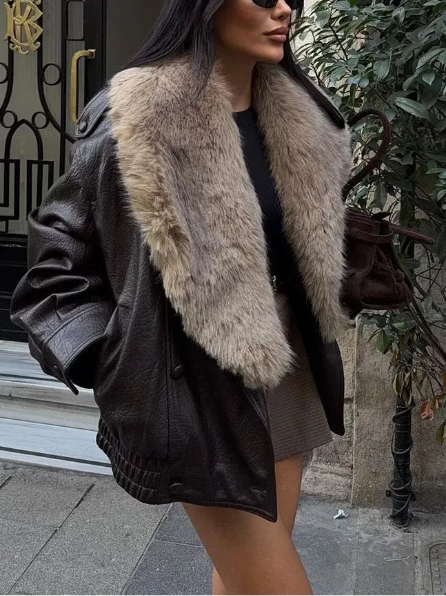 VESTE CUIR OVERSIZE FOURRURE