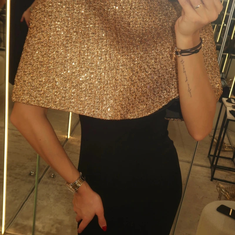 TOP FEMME COURT A ÉPAULE COL MONTANT GOLD