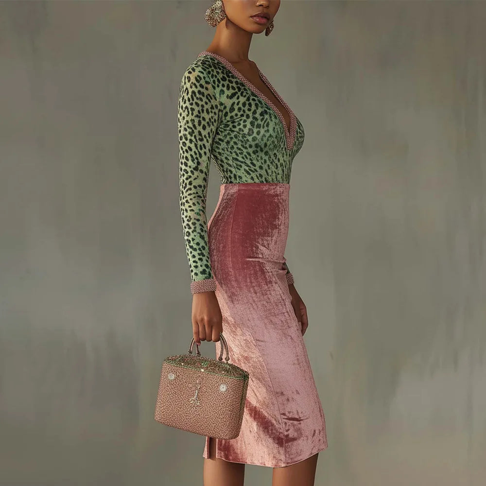 ROBE MOULANTE VINTAGE LEOPARD COULEUR VERT ET ROSE