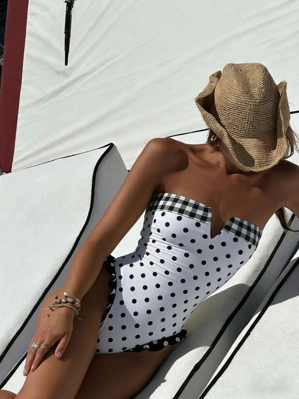 Maillot de bain bandeau motif carreaux/ petits pois