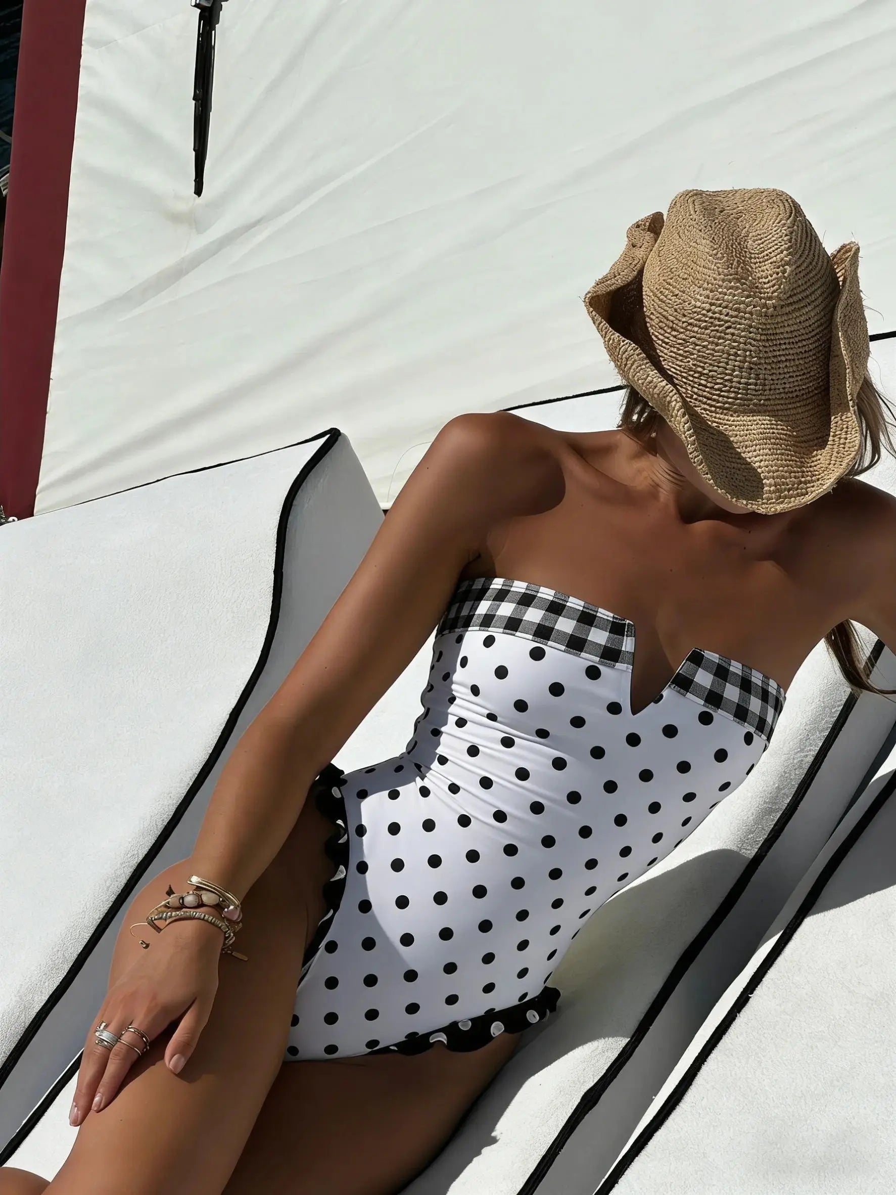 Maillot de bain bandeau motif carreaux/ petits pois