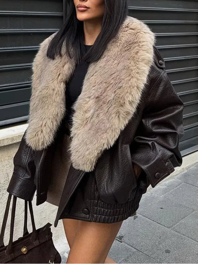 VESTE CUIR OVERSIZE FOURRURE