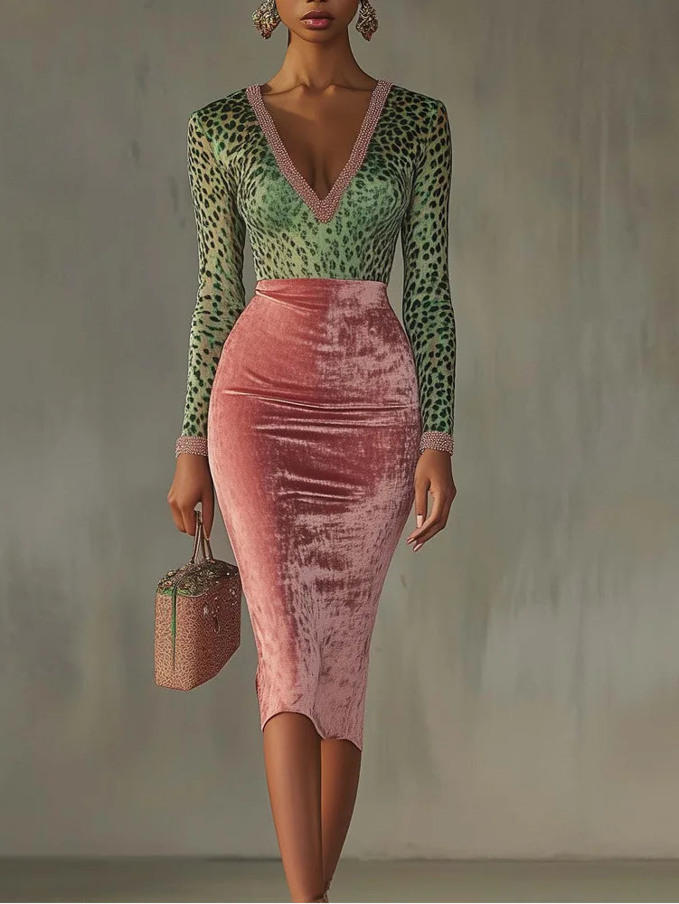 ROBE MOULANTE VINTAGE LEOPARD COULEUR VERT ET ROSE