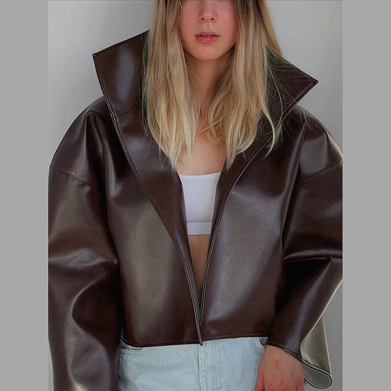 Veste cuir large long col
