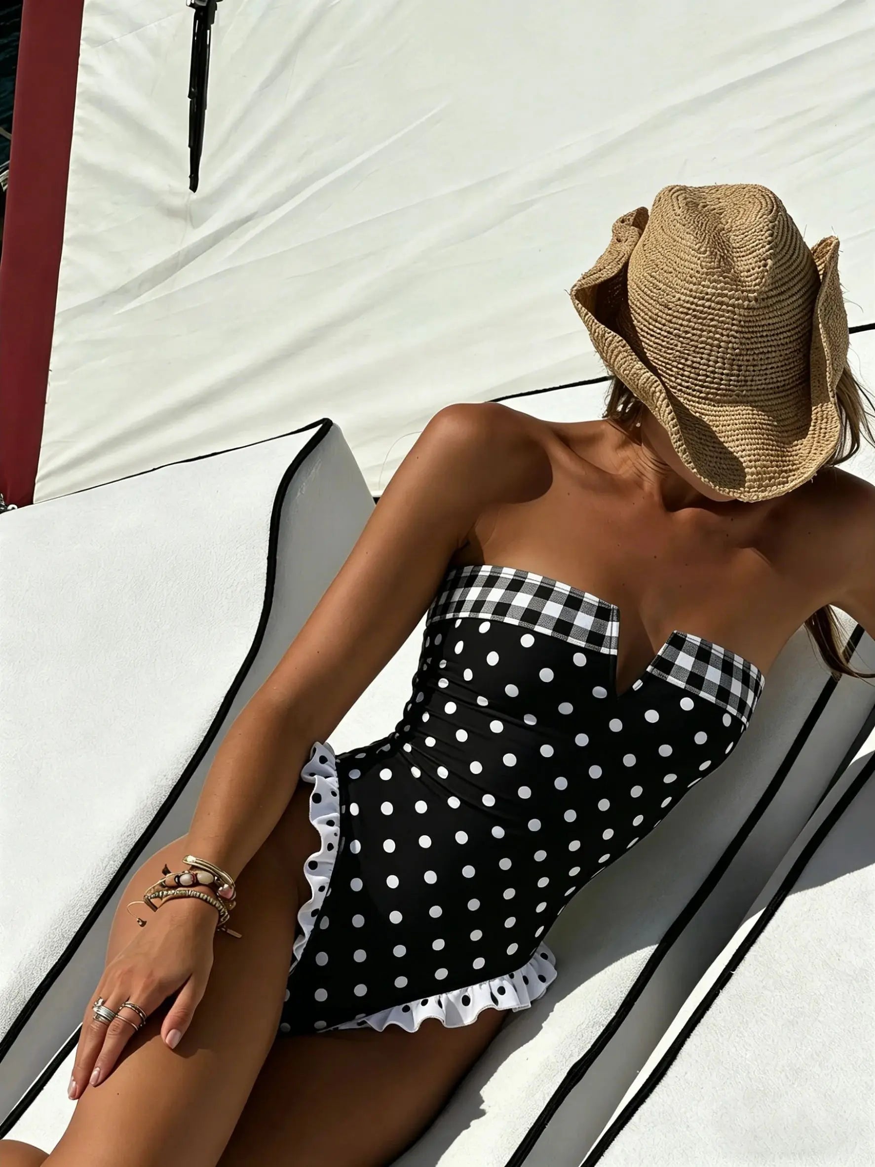 Maillot de bain bandeau motif carreaux/ petits pois