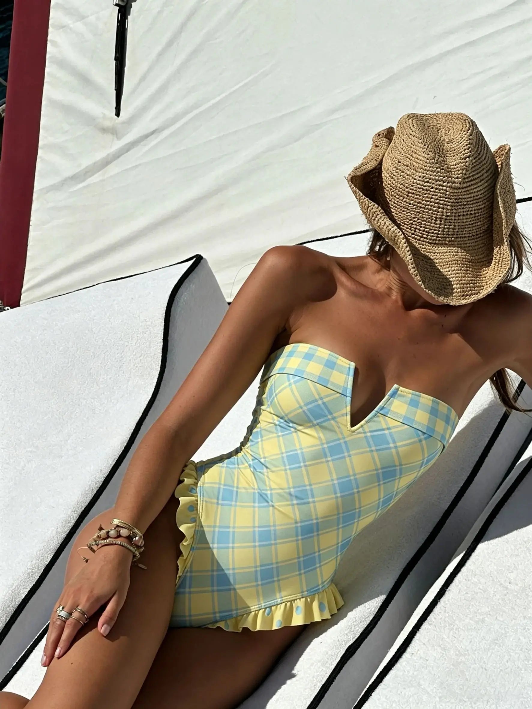 Maillot de bain bandeau motif carreaux/ petits pois