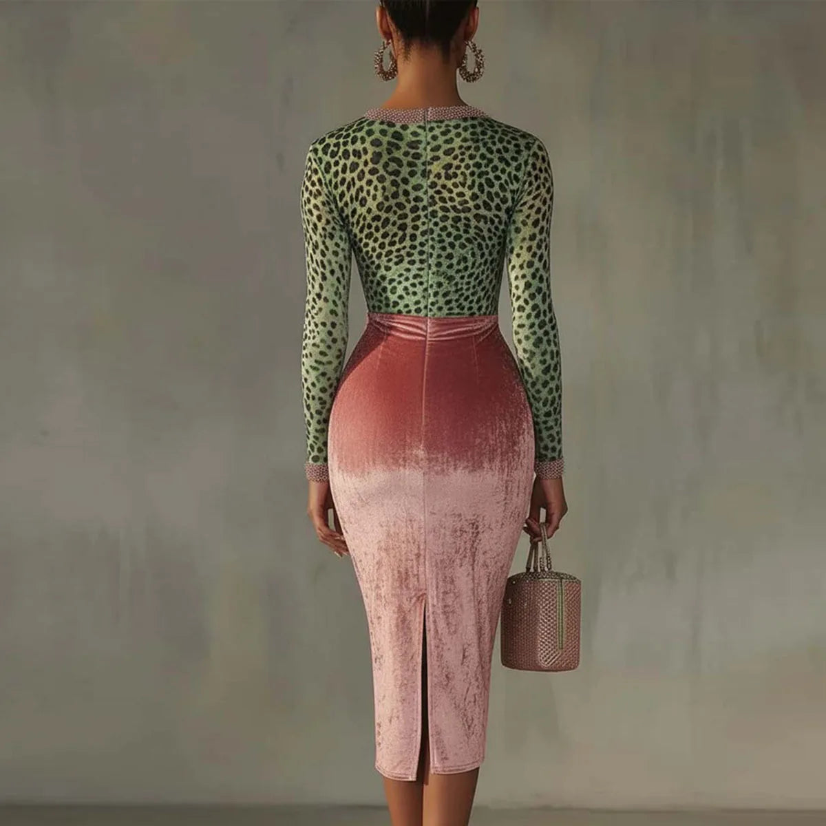 ROBE MOULANTE VINTAGE LEOPARD COULEUR VERT ET ROSE