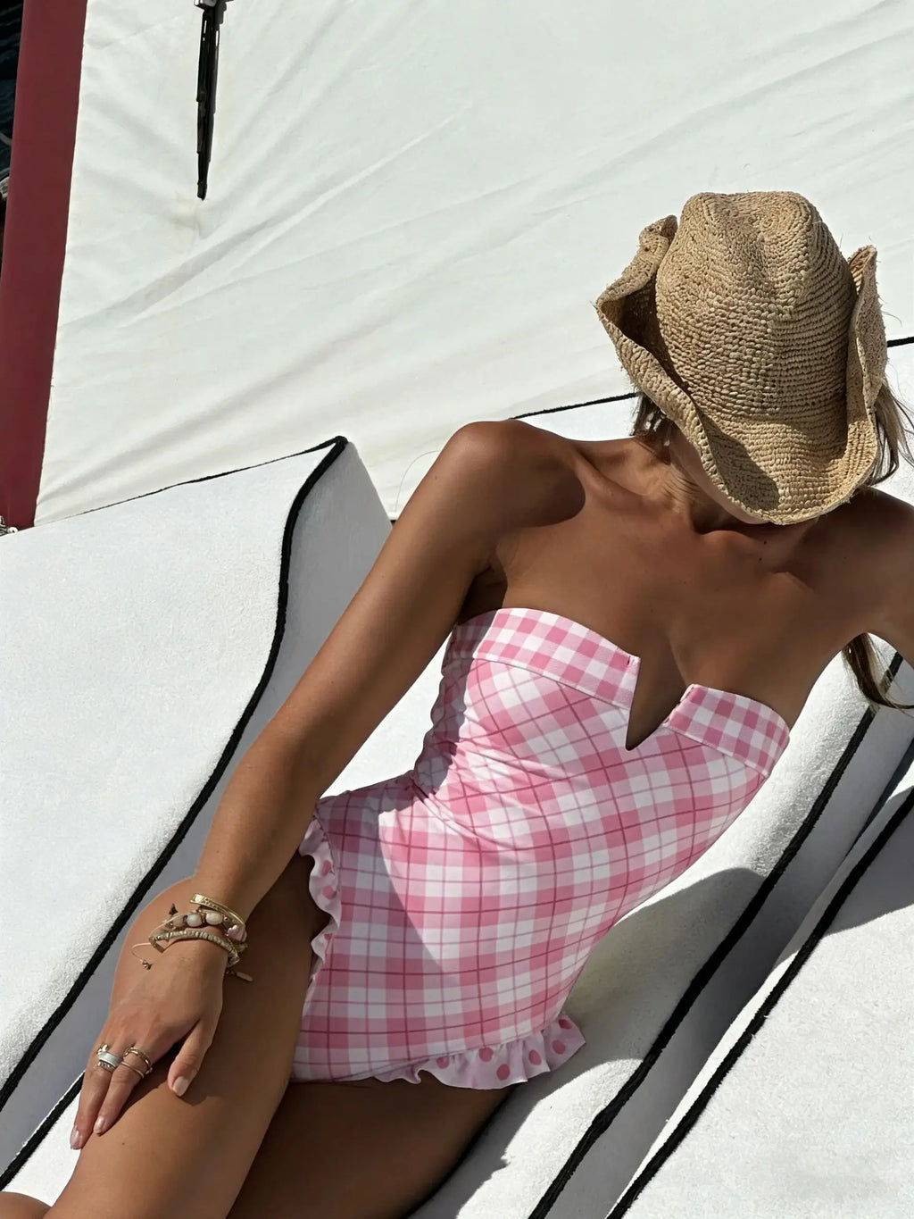 Maillot de bain bandeau motif carreaux/ petits pois