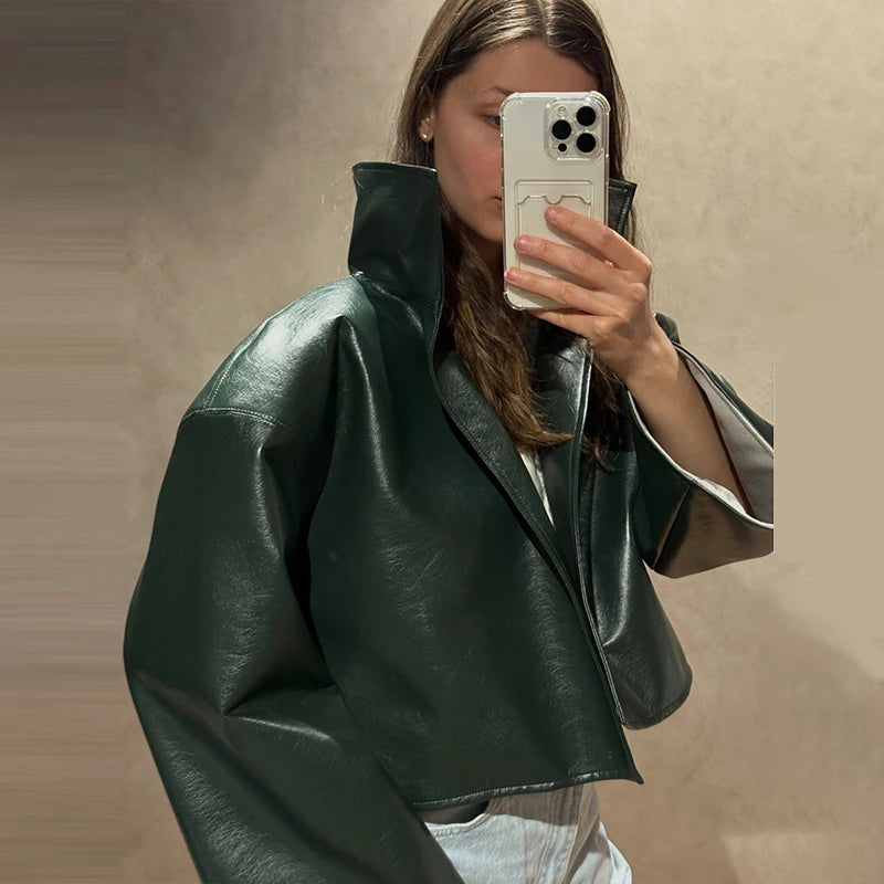Veste cuir large long col