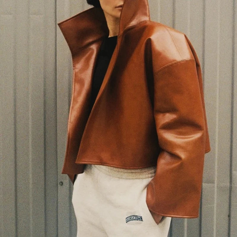Veste cuir large long col